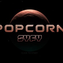 Page d'accueil du jeu. Une planète rouge au dessus de laquelle on peut lire "Popcorn SyFy"