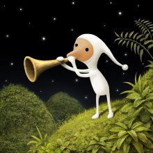 Illustration en couleur représentant un personnage en costume blanc soufflant dans une corne (décor bucolique avec un ciel étoilé).