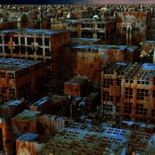Ville en ruine vue du dessus. Les immeubles et structures sont sales et rouillées