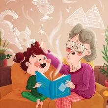 Dessin d'une grand-mère racontant des histoires à sa petite-fille