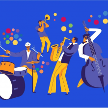 Un dessin sur fond bleu avec une série de personnage jouant de la musique