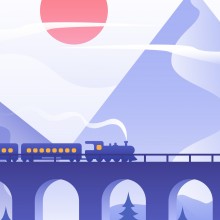Dessin d'un train à vapeur sur un pont, avec un paysage de montagne