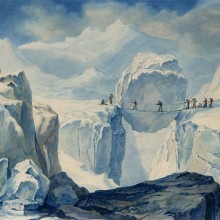 Tableau représentant des membres d'une expédition franchissant une crevasse en montagne.