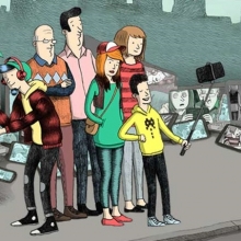 Illustration d'une famille rassemblée entourée d'écrans.